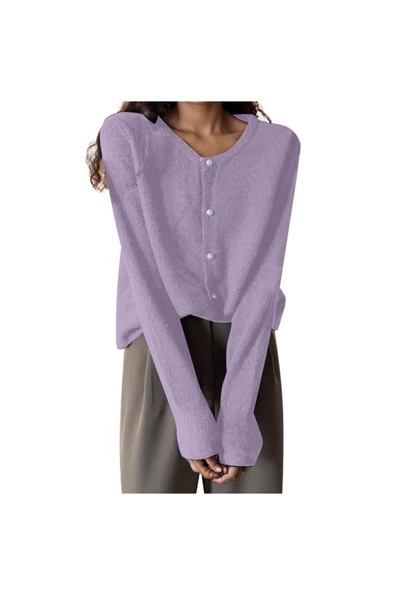 Light Knit Cardigans for Women Solid Color Round Neck Pearl Buckle Knitted Cardigan Women's And Versatile Top Long Sleeve Women's Spring And Autumn