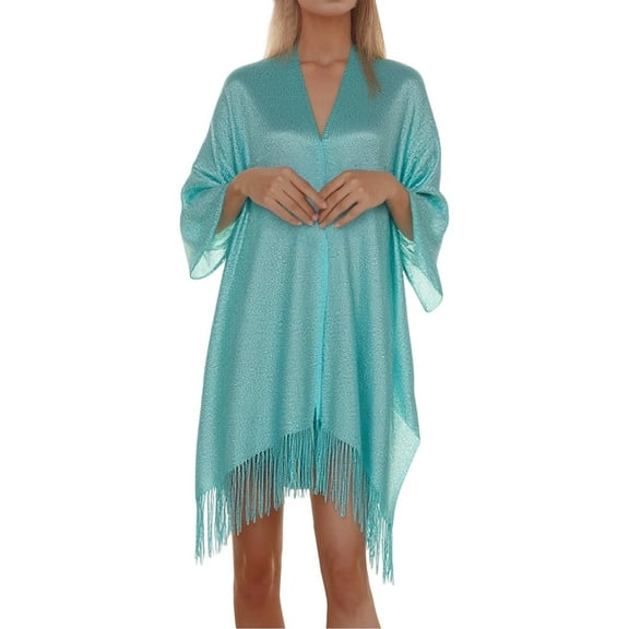 Lixiuxyad Lightweight Jacket Plus Size Women's Shiny Thread Wrap Coat Elegant Plain Color Shawl Outerwear For Casual Wear Comfortable Lightweight Spring Fall Fashion Blue