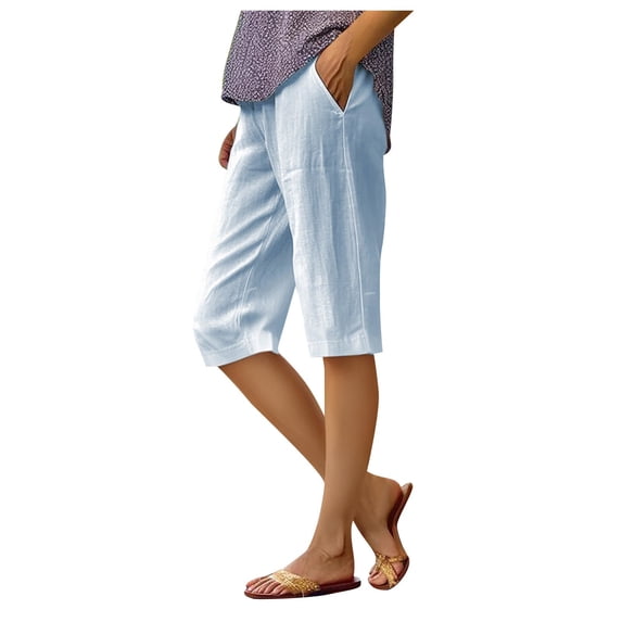 Lixiuxyad Linen Capri Pants Women,Casual Lightweight Summer Cropped Pants Beach Pants Blue