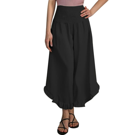 Lixiuxyad Long Straight Pants Women Linen Pants Summer Wide Leg Pants Smocked Waist Ruffle Hem Palazzo Pants Boho Flowy Beach Pants With Pocket Black