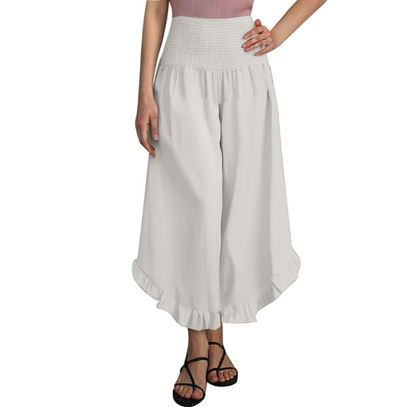 Lixiuxyad Long Straight Pants Women Linen Pants Summer Wide Leg Pants Smocked Waist Ruffle Hem Palazzo Pants Boho Flowy Beach Pants With Pocket White