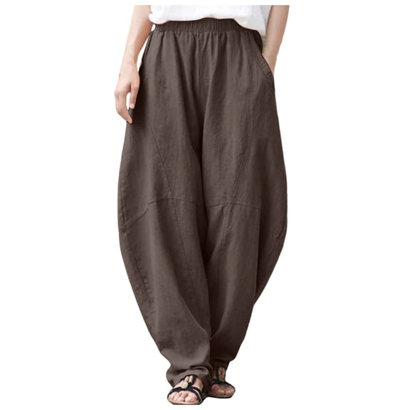 Lixiuxyad Loose Casual Pants Women Fashion Solid Pocket Casual Loose Pants Spliced High Waist Trousers Brown