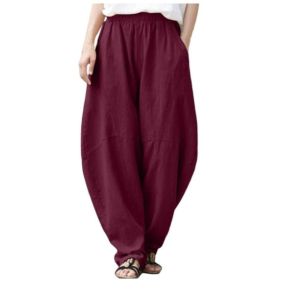 Lixiuxyad Loose Casual Pants Women Fashion Solid Pocket Casual Loose Pants Spliced High Waist Trousers Red