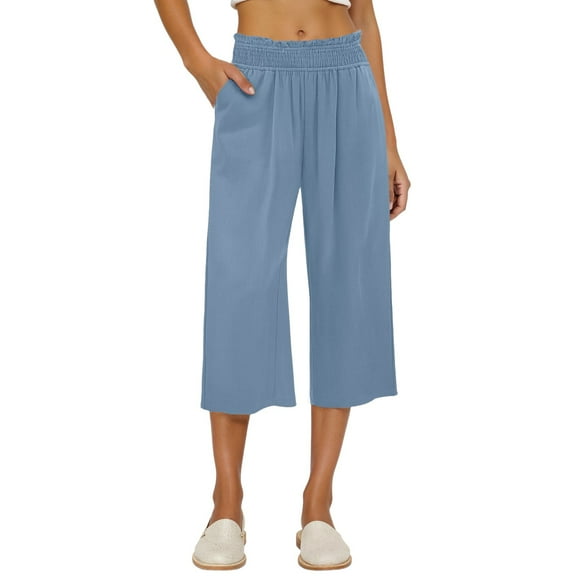 Lixiuxyad Loose Casual Pants Women's Solid Color Wide Leg Pants High Waisted Drawstring Pocket Cropped Casual Pants Blue