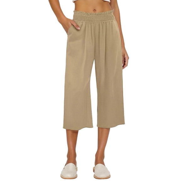 Lixiuxyad Loose Casual Pants Women's Solid Color Wide Leg Pants High Waisted Drawstring Pocket Cropped Casual Pants Yellow