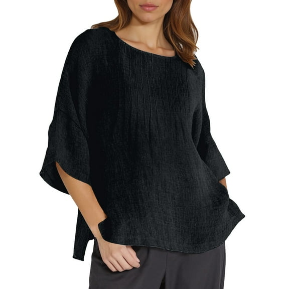 Lixiuxyad Loose Cute T Shirts Summer Womens 3 Of 4 Sleeve Crew Neck Floral Printed Loose Top T Shirts Casual Linen Tunic Tee Blouse,Black M