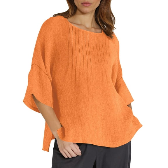 Lixiuxyad Loose Cute T Shirts Summer Womens 3 Of 4 Sleeve Crew Neck Floral Printed Loose Top T Shirts Casual Linen Tunic Tee Blouse,Orange S