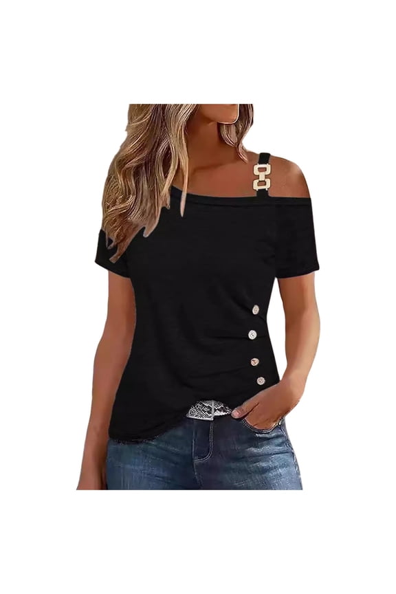 Loose Summer Tops For Women Women Summer Simple Short Sleeved Metal Button Solid Color Top T Shirt,Black L