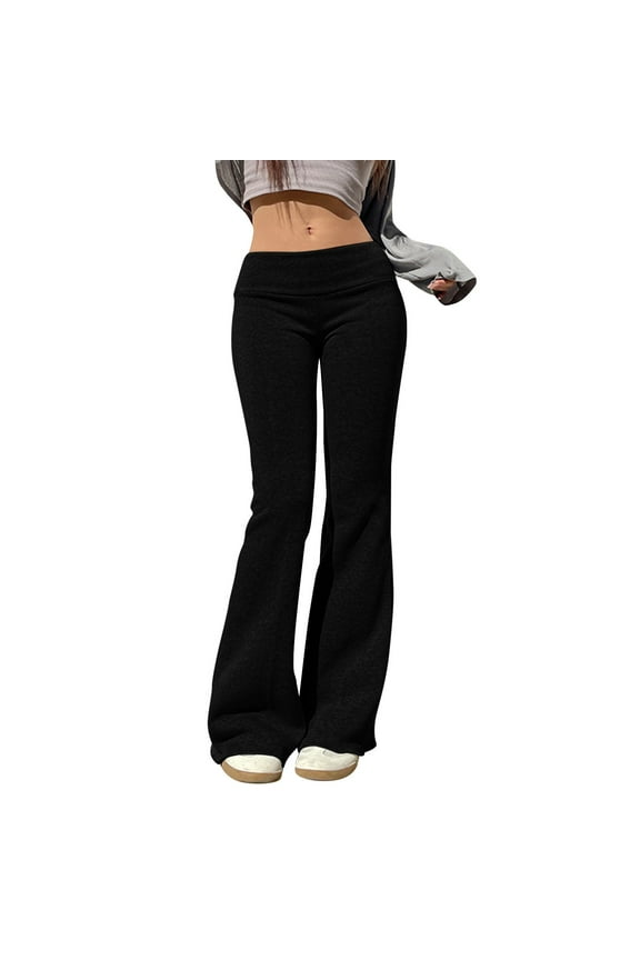 Office Casual Pants Womens Solid Color Large Folding Bottom Pants Sports Pants Elastic Bottom Pants Black