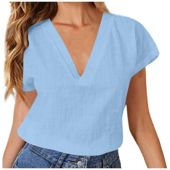 Lixiuxyad Oversize Button down Shirt Women Women's Summer Solid Color Linen Loose Half Sleeve V Neck Blouse