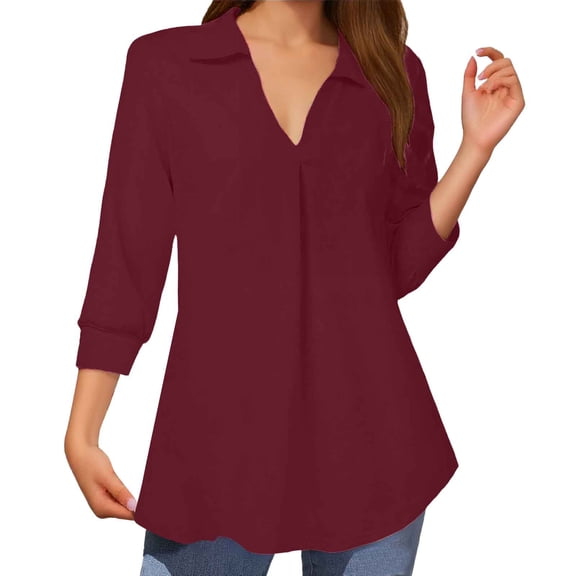 Lixiuxyad Oversize Denim Shirt Women Solid Loose V Neck Three Quarter Sleeve Shirt Long Sleeve Casual Top