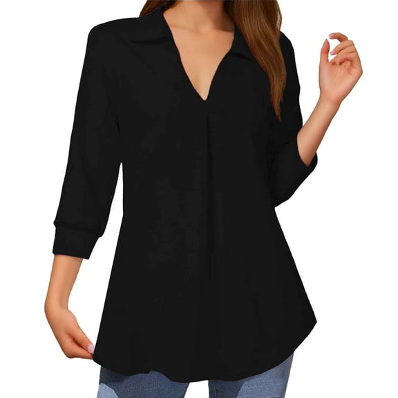 Lixiuxyad Oversize Denim Shirt Women Solid Loose V Neck Three Quarter Sleeve Shirt Long Sleeve Casual Top