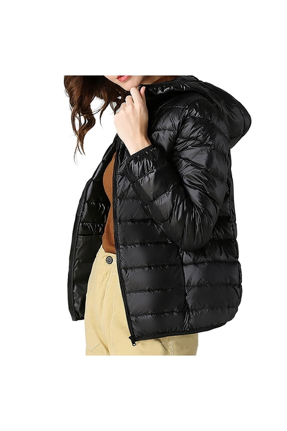 Packable Down Jacket for Women Lightweight Winter Down Jackets Slim Fit Hooded Coat Zipper Warm Jacket with Hood Black