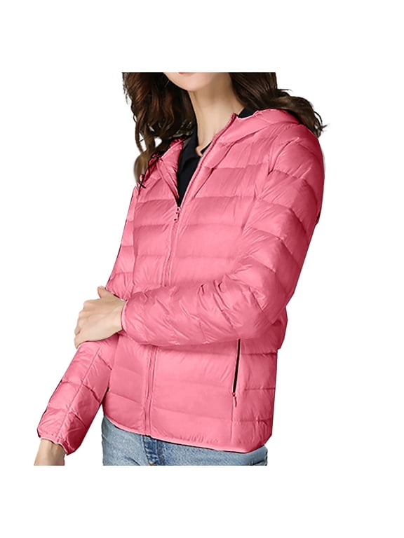 Packable Down Jacket for Women Lightweight Winter Down Jackets Slim Fit Hooded Coat Zipper Warm Jacket with Hood Pink