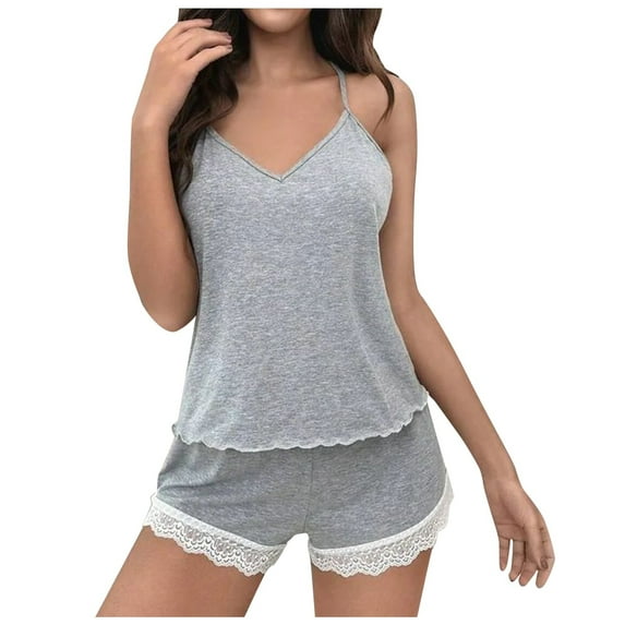 Lixiuxyad Pajama Set for Women And Shorts Women's Lace V Neck Strap Pajama Set With Shorts 2 Piece Sleepwear Combo