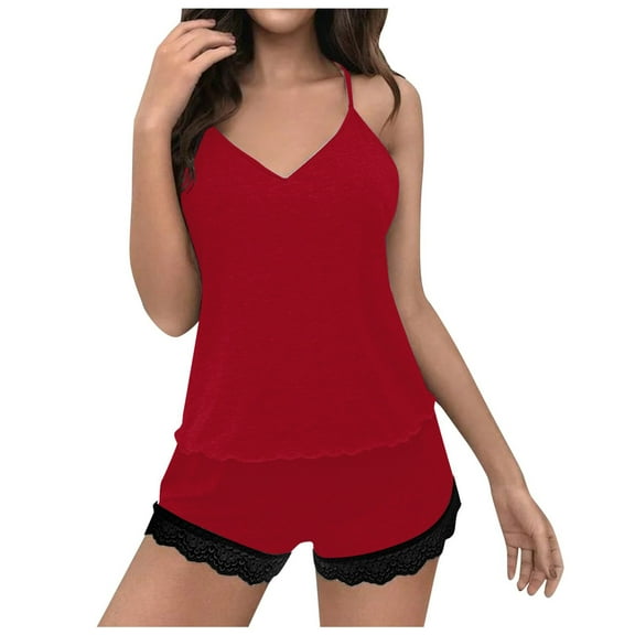 Lixiuxyad Pajama Set for Women And Shorts Women's Lace V Neck Strap Pajama Set With Shorts 2 Piece Sleepwear Combo