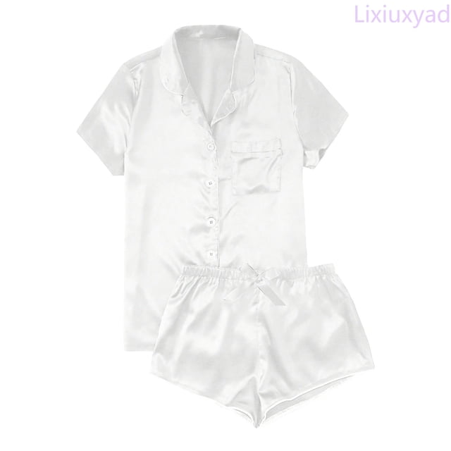 Lixiuxyad Pajama Sets for Women Women's Casual Solid Silk Satin Pajama Set Short Sleeve Button Up Top & Shorts Sleepwear,White