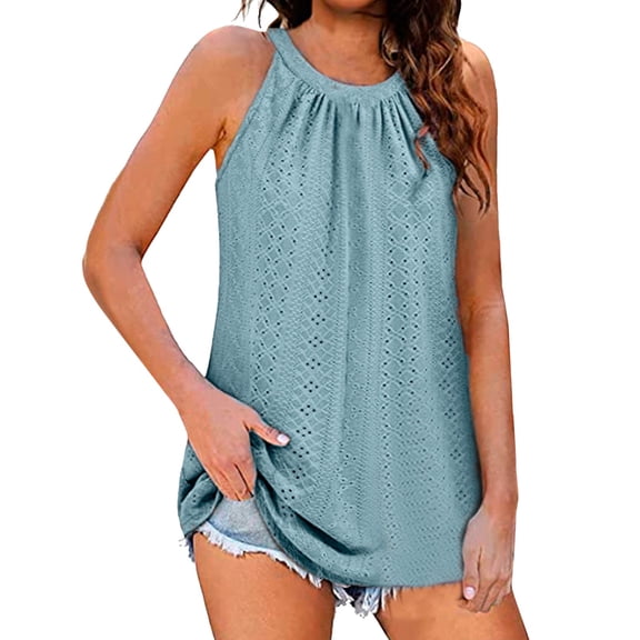 Lixiuxyad Plus Size Tank Tops For Women Women's Summer Sleeveless Halter Tops Casual Pleated Eyelet Tank Top Pointelle Flowy Shirt Blouse(Blue XXL)