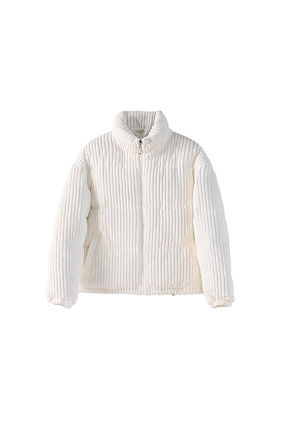 Puffer Jacket Warm Women's Solid Color Short Padded Corduroy Jacket Loose Fit Winter Bread Coat White