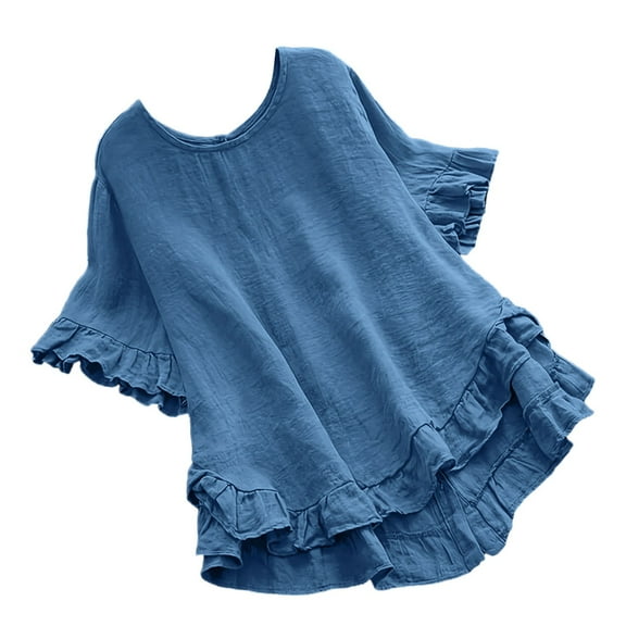 Lixiuxyad Short Sleeve High Neck Shirts for Women Women Spring Summer Clothing Solid Button Back Ruffled Trim Blouse Casual Short Sleeve Blouse