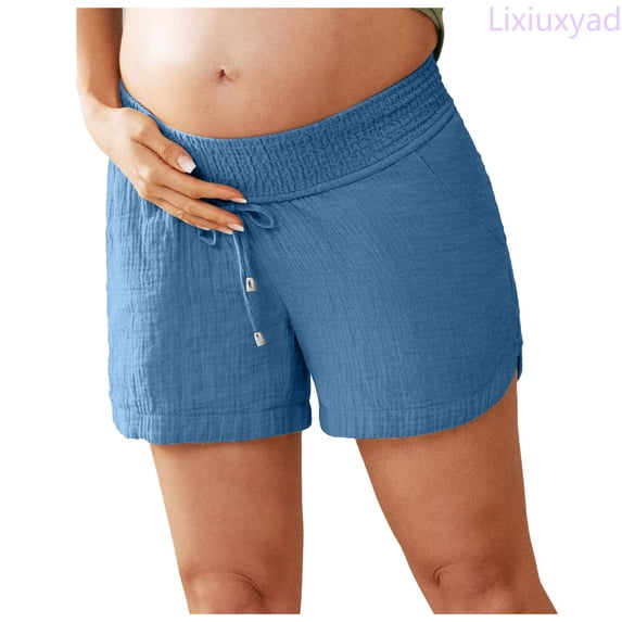 Lixiuxyad Shorts for Summer Casual Women's Double Layered Pleats Maternity Shorts Underbelly Drawstring Elastic Waist Cotton Shorts With Pockets Summer Cute Beach Casual Shorts,Blue