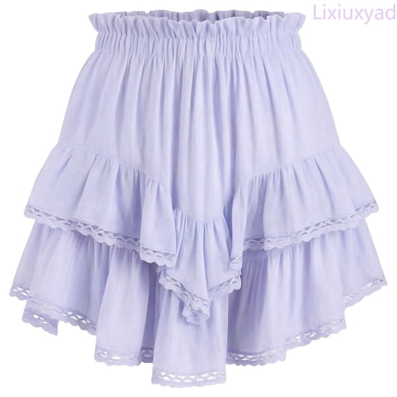 Lixiuxyad Skirt for Women Flowy Skater Skirt With Ruffle Casual Tennis Skirt Solid Color Lace Trim Comfort Stretch Waistband For Daily Wear,Purple