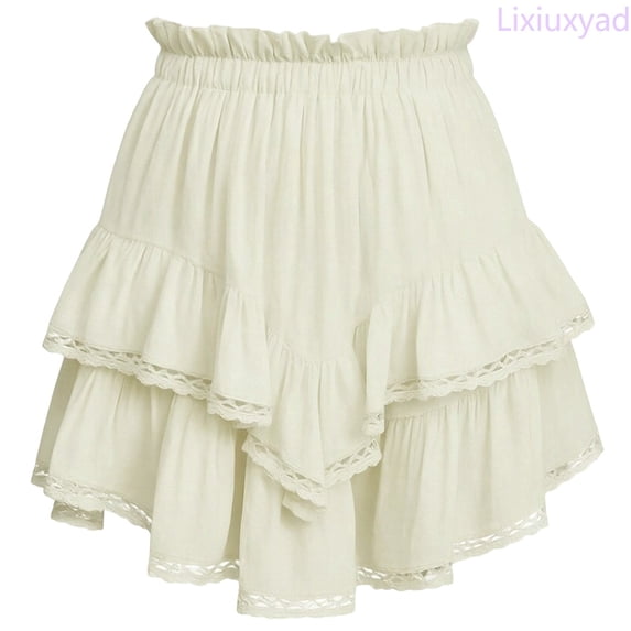 Lixiuxyad Skirt for Women Flowy Skater Skirt With Ruffle Casual Tennis Skirt Solid Color Lace Trim Comfort Stretch Waistband For Daily Wear,Yellow