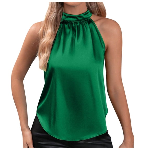 Lixiuxyad Sleeveless Shirts for Women Women Silk Satin Casual Sleeveless Neck Tank Top Summer Curved Hem Lightweight Dressy Blouses Shirt(Green L)