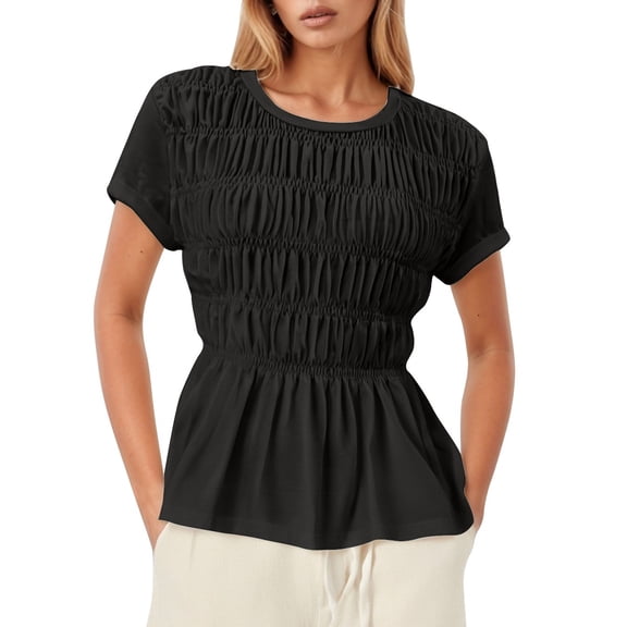 Lixiuxyad Slim Fit Tees Solid Color Minimalist Fashion Pleated Round Neck Top For Women,Black L