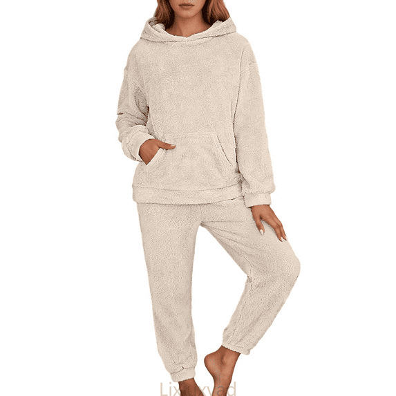 Lixiuxyad Soft Pajama For Long Sleeve Fall Fashion Casual Fleece Hoodie Pullover Loungewear 2 Piece With Pocket Womens Pajama Sets 6XL
