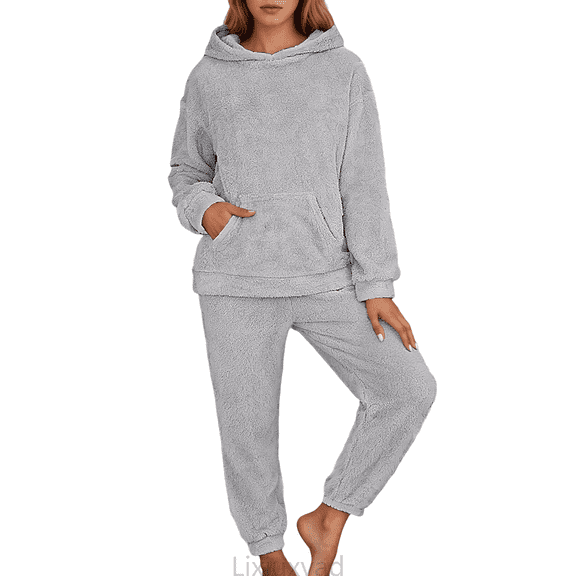 Lixiuxyad Soft Pajama For Long Sleeve Fall Fashion Casual Fleece Hoodie Pullover Loungewear 2 Piece With Pocket Womens Pajama Sets XS