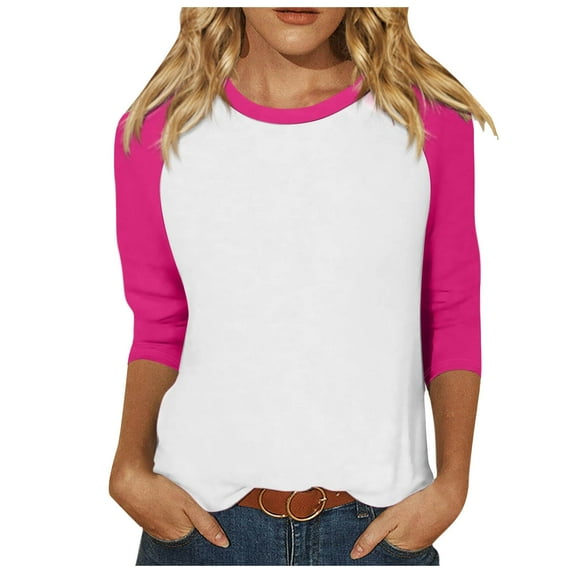 Lixiuxyad Solid Color T Shirts For Women Women 3/4 Sleeve Top Summer Casual Versatile Raglan Shirt Round Neck Casual Shirt Top,Pink S