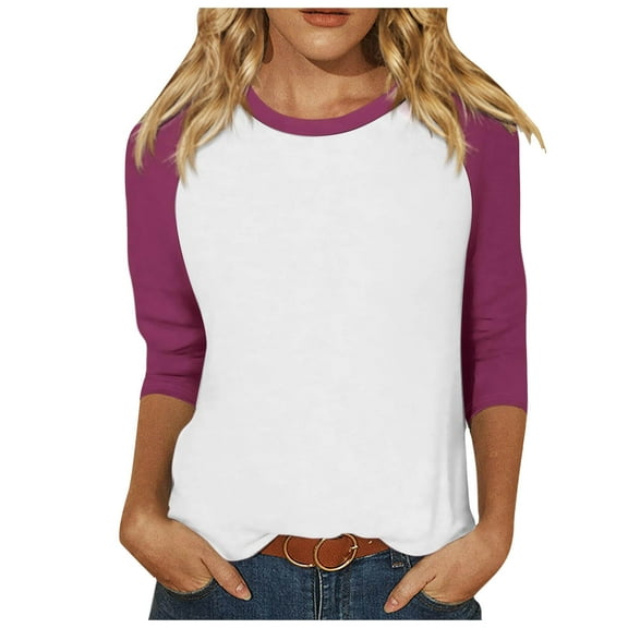 Lixiuxyad Solid Color T Shirts For Women Women 3/4 Sleeve Top Summer Casual Versatile Raglan Shirt Round Neck Casual Shirt Top,Purple XXL