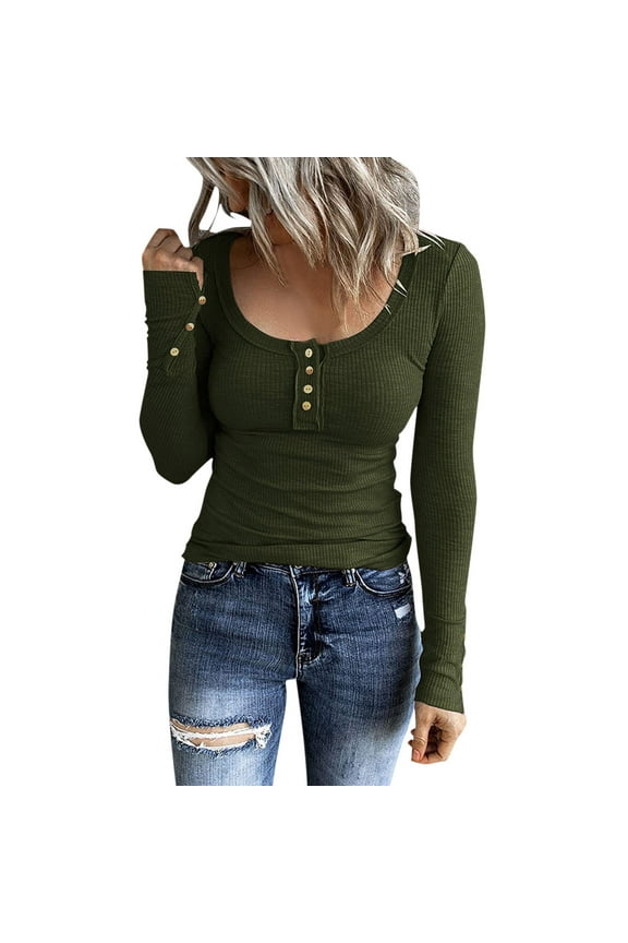 Solid Color T Shirts For Women Women Long Sleeve Henley T Shirts Button Down Slim Fit Tops Scoop Neck Ribbed Knit Shirts,Green L