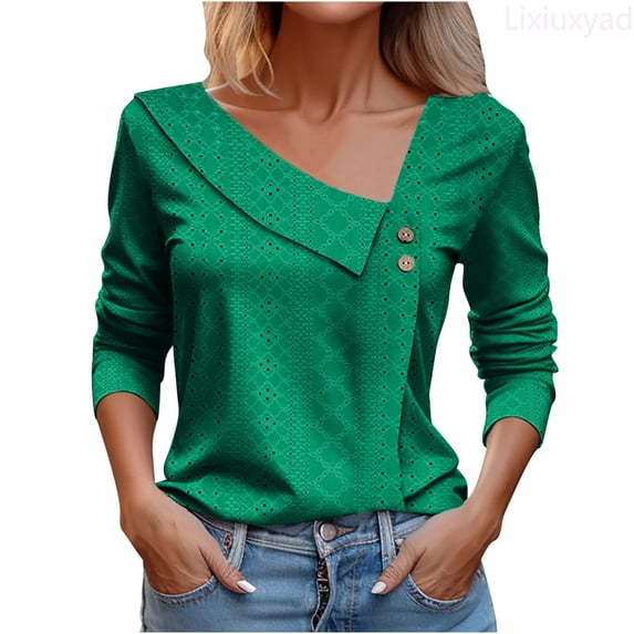 Lixiuxyad Solid Color V Neck Button Loose Long Sleeve T Shirt Top Woman Womens Summer T Shirts,Green XL