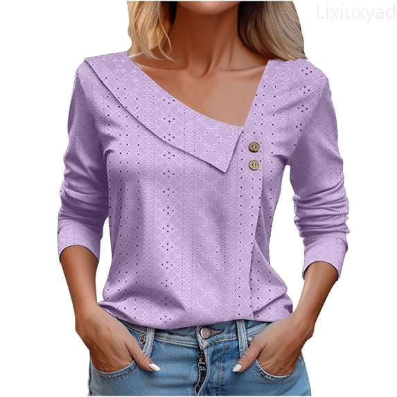 Lixiuxyad Solid Color V Neck Button Loose Long Sleeve T Shirt Top Woman Womens Summer T Shirts,Purple L