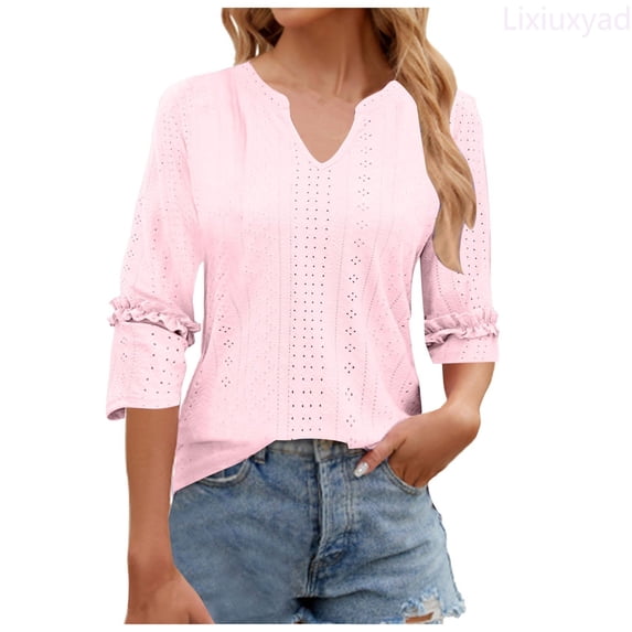 Lixiuxyad Spring And Summer V Neck Lace Three Quarter Sleeve Loose Top T Shirt For Women Summer Tee Shirts,Pink XXL