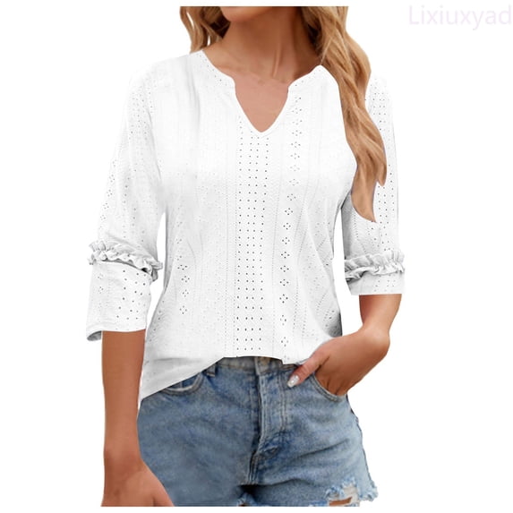 Lixiuxyad Spring And Summer V Neck Lace Three Quarter Sleeve Loose Top T Shirt For Women Summer Tee Shirts,White XXL