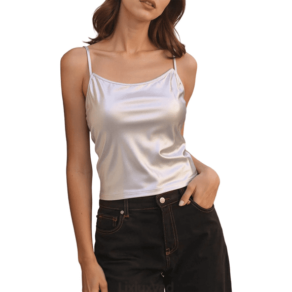 Lixiuxyad Strap Camisole Tank Top Two Tone Sleeveless Camisole Top Glossy Performance Wear Fashionable Strapless Bustier For Stage Outfits,Silver