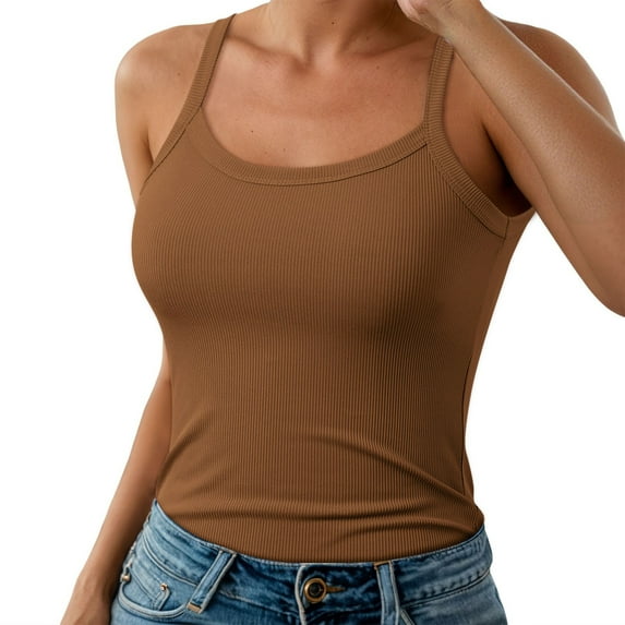 Lixiuxyad Strap Camisole Tank Top Women Spaghetti Strap Neck Ribbed Tank Tops Slim Fitted Camisole Basic Sleeveless Layering Shirts(Brown L)