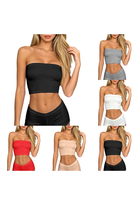 Strapless Bras for Women Strapless Tube Top Long Length Seamless Bandeau Crop Top Basic Stretchy Bustier Undergarment Plus Size,Gray M