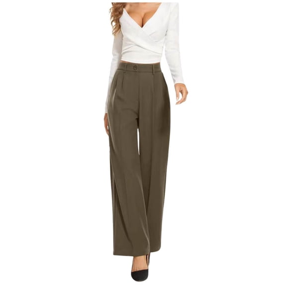 Lixiuxyad Stretchy Work Dress Pants Drape High Waisted Solid Color Wide Leg Pants Casual Suit Pants Brown