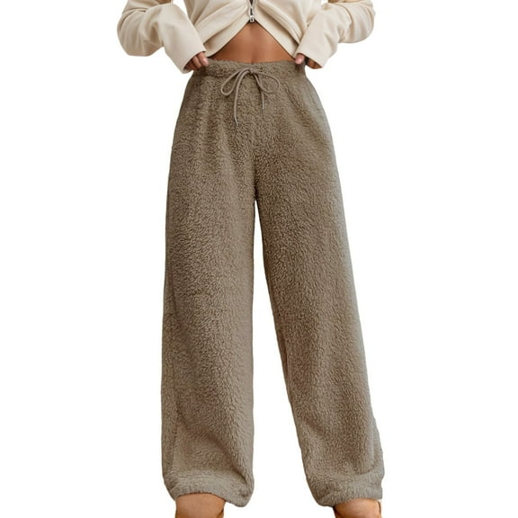 Lixiuxyad Stretchy Work Dress Pants Winter Fuzzy Pants Elastic Waist Straight Leg Long Pants Casual Sweatpants Beige