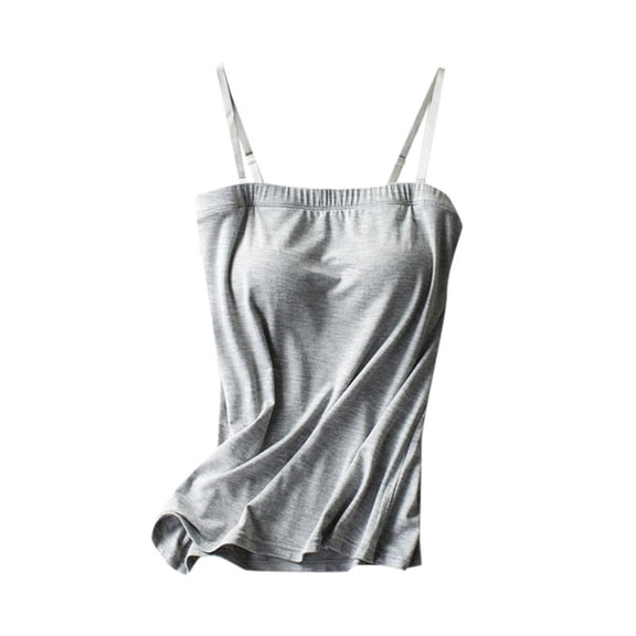 Lixiuxyad Summer Basic Slim Fit Tank Top Women Rimless Brat Integrated With Chest Pads Flat Sling Solid Color Vest Bottoming Shirt(Gray S)