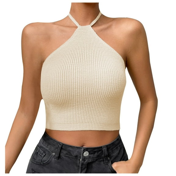 Lixiuxyad Summer Basic Slim Fit Tank Top Womens Basic Minimalist Sexy Hanging Neck With Exposed Navel Strap Knitted Top Vest Strap(Beige M)