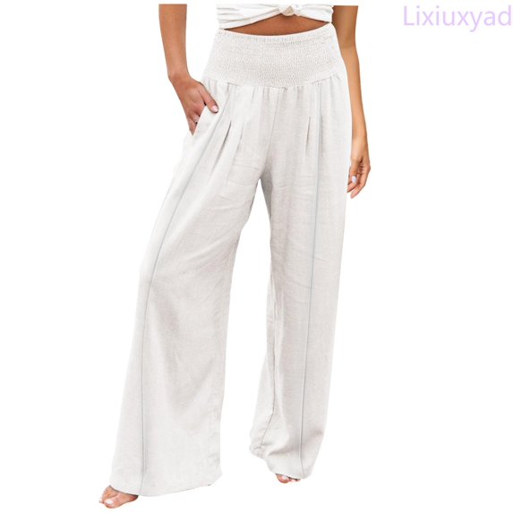 Lixiuxyad Summer Beach Pants Linen Pants Women Comfy Flowy Wide Leg Pants Summer Baggy High Waisted Palazzo Beach Pants Trousers With Pockets,White