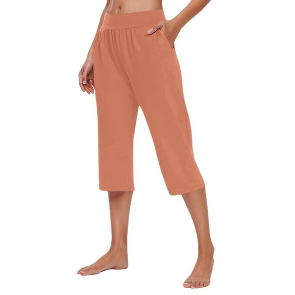 Lixiuxyad Summer Beach Pants Women's Casual Pants For Everyday Comfort Versatile Home And Sports Wear Classic Solid Color 3/4 Length Trousers Elastic Waist For Easy Fit Orange