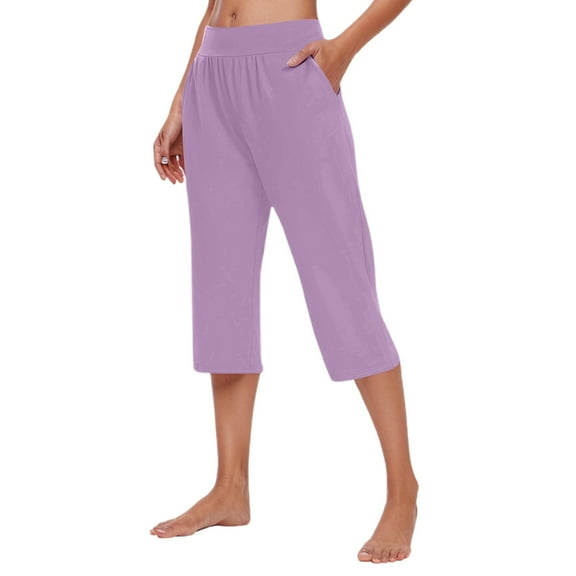 Lixiuxyad Summer Beach Pants Women's Casual Pants For Everyday Comfort Versatile Home And Sports Wear Classic Solid Color 3/4 Length Trousers Elastic Waist For Easy Fit Purple