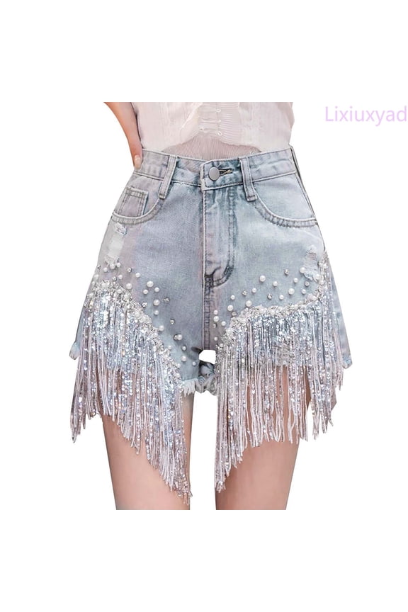 Summer Denim Shorts Women's Fashion Casual Solid Color High Waisted Studded Heavy Tassel A Word Wide Leg Hot Pants Hipster Shorts,Blue XL