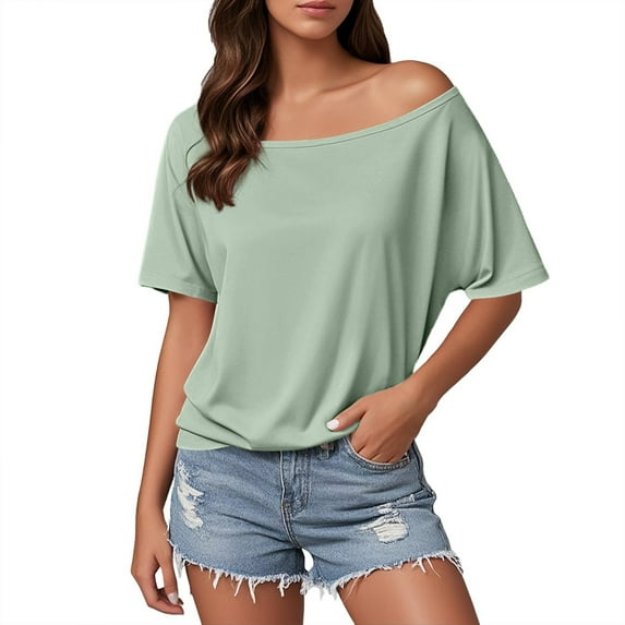 Lixiuxyad Summer Fashion Basic Tee Trendy Women's Off Shoulder T Shirt Casual Solid Top For Everyday Wear Comfortable Style For Spring And Summer,Green XXL